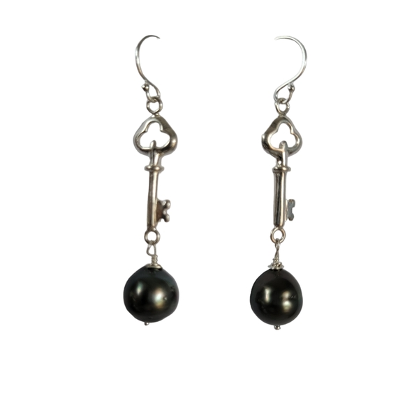 New BLACK Tahitian Pearl Earrings Handmade Sterling Silver - Picture 1 of 7